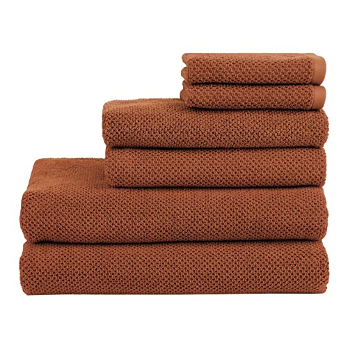 Nate Home by Nate Berkus 100% Cotton Textured Rice Weave 6-Piece Towel Set | 2 Bath Towels, Hand Towels, and Washcloths, Soft and Absorbent for Bathroom from mDesign - Set of 6, Sienna (Brown)