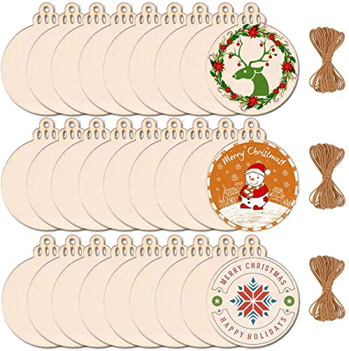 Max Fun 60PCS 3.5' DIY Wooden Christmas Ornaments Unfinished Predrilled Wood Slices Circles for Crafts Round Centerpieces Discs Holiday Hanging Decorations
