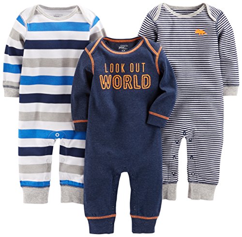 Simple Joys by Carter's Baby Boys' Jumpsuits, Pack of 3, Grey Heather Rugby Stripe/Navy Text Print/White Stripe, 12 Months