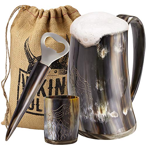 Viking Culture Ox Horn Mug, Shot Glass, and Bottle Opener (3 Pc Set) Authentic 16-oz. Ale, Mead, and Beer Tankard | Vintage Stein with Handle | Custom Intricate Design - Polished Finish | Wolf/Fenrir