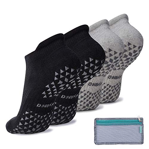 Hylaea Unisex Non Slip Grip Socks for Yoga, Hospital, Pilates, Barre | Ankle, Cushioned (2 Pairs Black Grey, Large-X-Large)