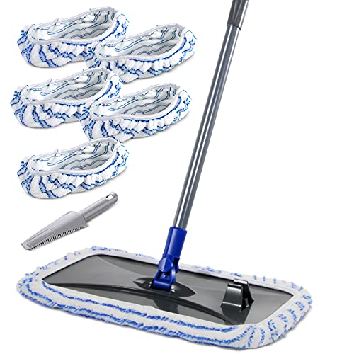 Masthome Extra Large Microfiber Mop for Floor Cleaning, 16“ Flat Mop with 5 Reusable & Washable Mop Refills for Wet & Dry Use, Dust Mop for Hardwood Laminate Tile Ceramic, 1 Cleaning Scraper Included