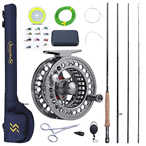 Sougayilang Fly Fishing Rod and Reel Combo, 4 Pieces Ultra Lightweight Portable Fly Rod and CNC Machined Aluminum Alloy Reel Complete Starter Package with Rod Bag-#5/6
