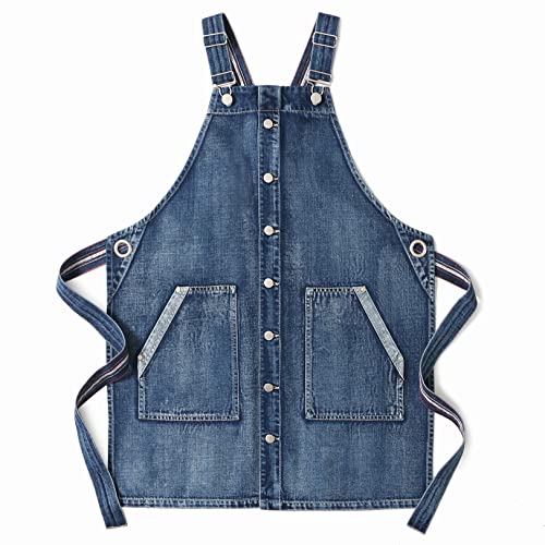 Jeanerlor Denim Hairstylist Aprons for Women, Crossback Work Jean Acid Wash Apron With Pockets Unisex Adjustable Straps (Denim Blue)