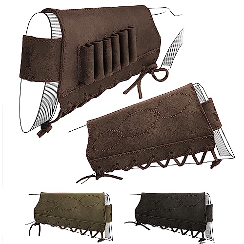 BRONZEDOG Leather Rifle Buttstock Shotgun Shell Holder Recoil Pad .30-30 .308 12/16Ga Hunting Butt Stock Cartridge Ammo Pouch (Brown, 7.62 Caliber)