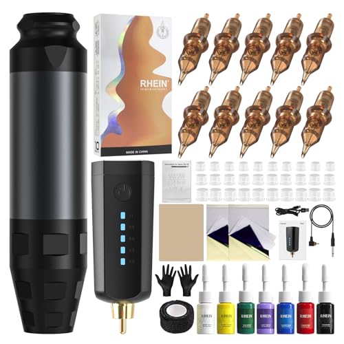 RHEIN Tattoo Gun Kit Tattoo Pen Machine with 1600mAh Battery Adjustable Voltages 10Pcs Cartridge Needles 7 Inks for Tattoo Artists and Beginners RNP76KIT-7