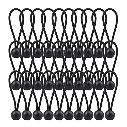 AOPRIE 30 Pack Bungee Balls, Black Ball Bungee Heavy Duty Heavyweight 4 inches Tarp Bungee Cords, Weather Resistant Tie Down Strap 4mm Thickness - for Camping, Tents, Cargo, Holding Wire and Hoses