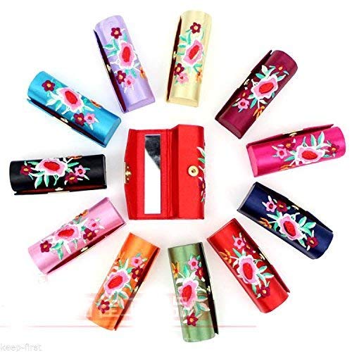 Set of 12 Embroided Lipstick Cases with Mirror Made By Satin Silky Fabric