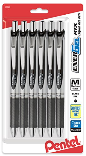 Pentel EnerGel RTX Retractable Liquid Gel Pen, (0.7mm), Medium Line, Metal Tip, Black Ink, Pack of 6 (BL77BP6A)