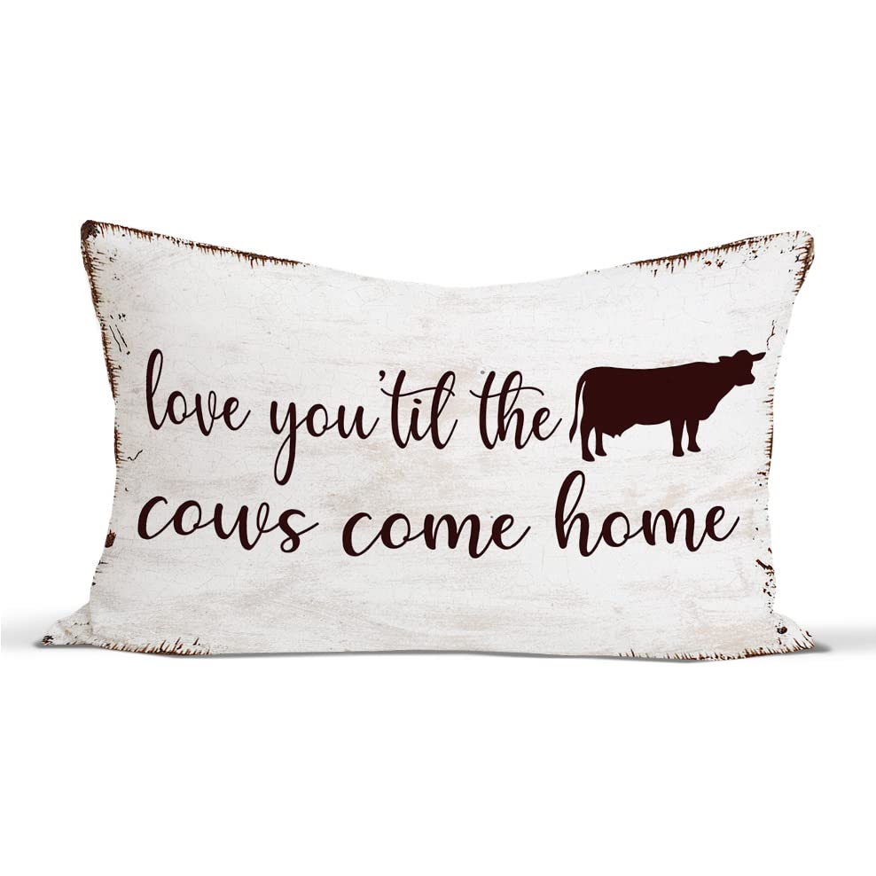 RUSENBAO Cow Print Throw Pillow Covers-Western Texas Longhorn Cow Hide Pillows Cover for Couch Country Bedding Decor for Farmhouse Home Bedroom, Love You 'Til The Cows Come Home, 12x20 Inch Pillowcase