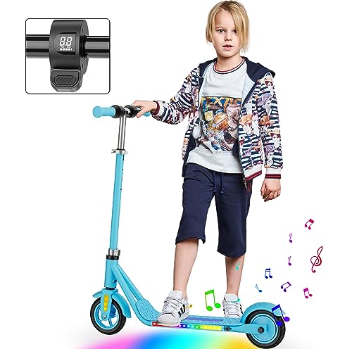 Scoothop Electric Scooter for Kids Ages 6+ - 150w Motor,Up to 10 mph and 60 min Ride Time,Colorful Lights,Bluetooth Music Speaker,LED Display,4 Height Adjustable,Best Gift for Kids and Teens(Blue)