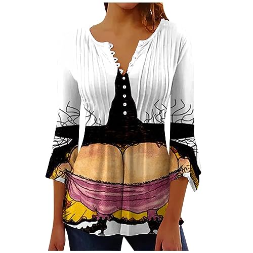 Halloween t Shirts 3/4 Sleeve Halloween Shirts for Women Spider Web Print Spooky Tops Blouse V Neck Buttons Gothic Fall Holiday Costumes Orange M