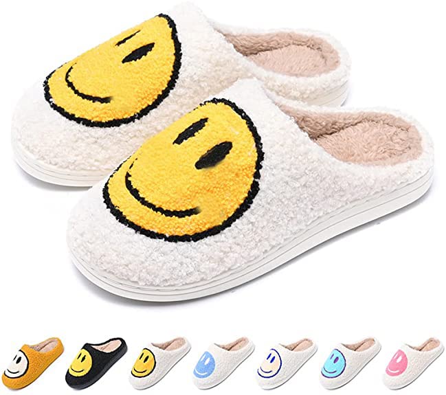 Doxwater Smile Face Slippers Women's Men's Comfy Warm Plush Slip-On House Slipper for Winter Indoor Outdoor Soft Cushion Non-slip Fluffy Slides Slippers with Memory Foam for Girls Boys