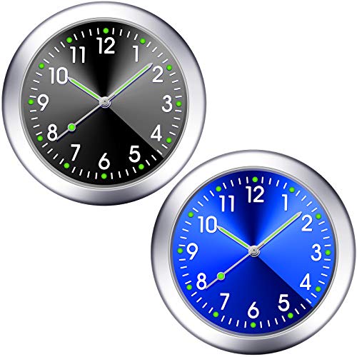 2 Pieces Stick on Dashboard Car Clock Mini Tiny Small Luminous Car Vent Clocks Watch for Dashboard Boat Bike Home (Black, Blue)