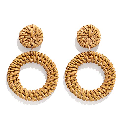 Rattan Earrings for Women Girls Handmade Lightweight Wicker Straw Stud Earrings Statement Weaving Braid Drop Dangle Earring (Rattan Hoop)