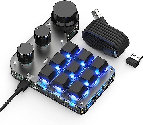 BRIMFORD 9-Keys USB Mini Keypad, Programming Macro Pad with 3 Knobs, RGB Macro Mechanical Gaming Keyboard for OSU NKRO, Hot-Keys One-Handed Mechanical Keyboard (9Key 2.4G)