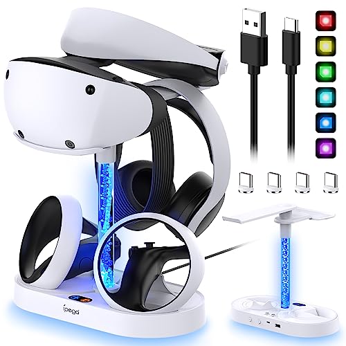 VR2 Charging & Storage Stand for Playstation VR2 Controller with Colorful Light Column,4pcs Type-C Magnetic Charger Connector, MENEEA Dual Charger Dock/VR Headset Holder/Dazzling RGB Light for PSVR2