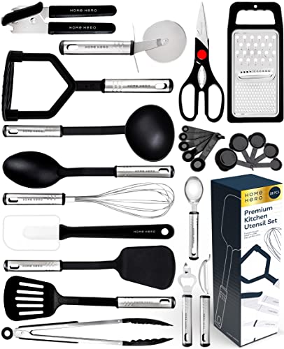 Home Hero 25 Pcs Kitchen Utensils Set - Cooking Utensils Set with Spatula - First Home Essentials Utensil Sets - Household Essentials - Kitchen Gadgets & Kitchen Tool Gift (25 Pcs Set - Black)