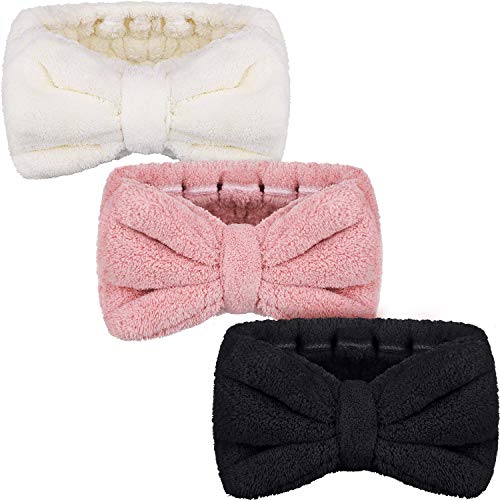 3 Pieces Hair Headband Headband to Wash Face for Women Makeup Spa Headband, Microfiber Bowtie Shower Headband for Women and Girls (Pink, White, Black)