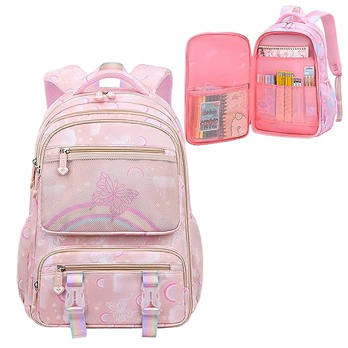 WYCY School Backpacks for Girls Kawaii Backpack Large Capacity Kids School Bag for Girls 6-12 Years Old (printed light pink)