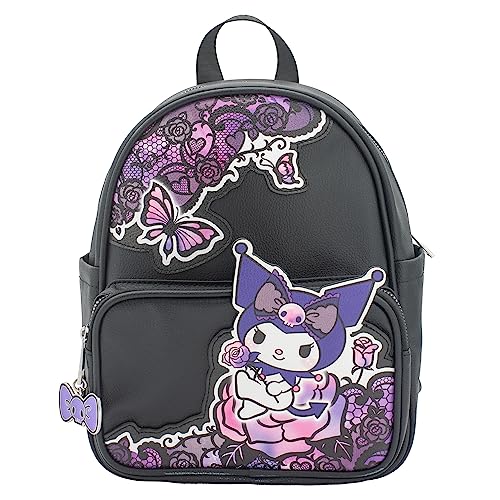 AI ACCESSORY INNOVATIONS Hello Kitty Kuromi Mini PU Backpack Purse, Kawaii Shoulder Bag with Epoxy Filled Metal Bow w/Skull Charm, 10.5 Inch, Anime Travel Bag, Faux Leather