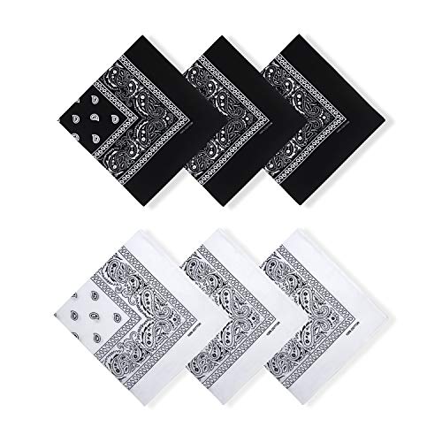 cocopuss 22'X22' Cotton Bandanas for Men & Women Pasiley Cowboy Bandana Handkerchiefs for Hair (6pcs Black/White)