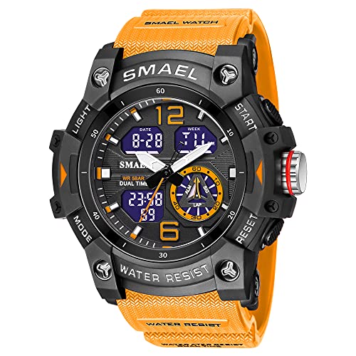 KXAITO Men's Analog Sports Watch Military Watch Outdoor LED Stopwatch Digital Electronic Large Dual Display Waterproof Tactical Army Wrist Watches for Men 8007 (Large, Orange)