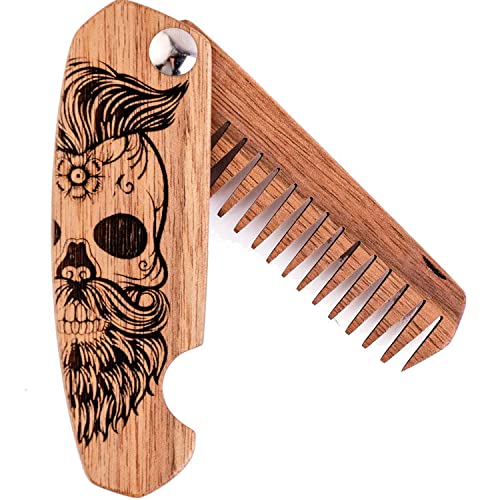 Wooden Beard Comb for Men Folding Pocket Comb for Moustache Beard & Hair Walnut Combs with the Engraving (Half Skull)