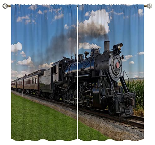 Amextrian Old Train Blackout Curtains for Home Decor,Colorful Old Train Blue Brown Rod Pocket Thermal Insulated Drapes Darkening Window Curtain for Girls Boy Bedroom Living Room 42 x 63 Inch