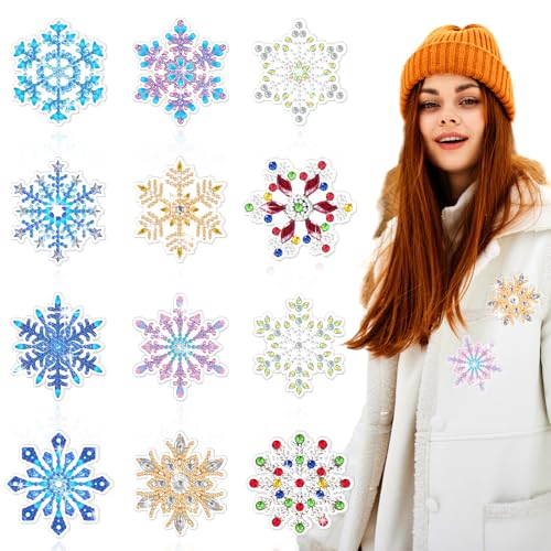 Sasylvia 12 Pcs Christmas Snowflake Brooch Pins for Women Winter Snowflake Diamond Art Painting Brooch Pins Set DIY Holiday Rhinestone Crystal Brooches for Girls Kids Men Family New Year Xmas Gifts