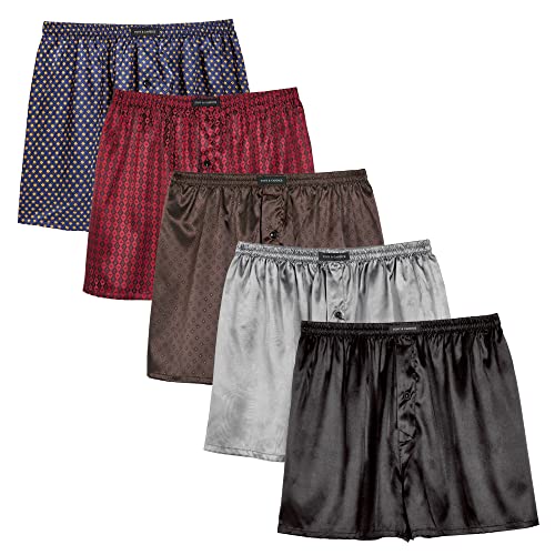 TONY AND CANDICE Men's Satin Boxer Briefs Pack, Silk Feeling Sleep Shorts Underwear with Fly for Men (Multi5-5 Pack,Large)