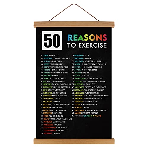 HPNIUB Natural Wood Magnetic Hanger Frame ''50 REASONS TO EXERCISE'' Poster- Motivational Words Wall Art,40X64CM Inspirational Workout Art Print, Fitness Home Decor For Gym,Exercise Classroom Decor
