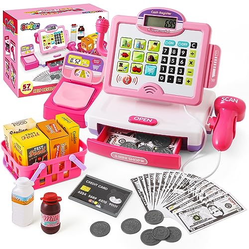 Pretend Play Calculator Cash Register Toy Gift for Kids Girls Age 3, 4, 5, 6, 7, 8+ Year Old, 57 Pcs Pink Grocery Store Playset, Incl Microphone, Credit Card, Scanner, Fake Food, Play Money for Kids