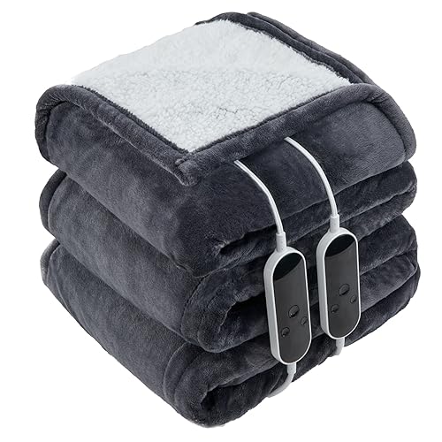 IVOKO Heated Blanket Queen Size,Dual Control Electric Throw Blanket with 10 Heating Levels,5 Hours Auto Shut Off Levels,Flannel Sherpa Fast Heating Electric Throw,84' x 90', (Grey, Queen)