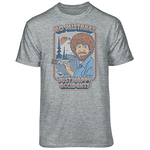 Teelocity Bob Ross No Mistakes Retro Graphic T-Shirt (Medium, Athletic Heather)