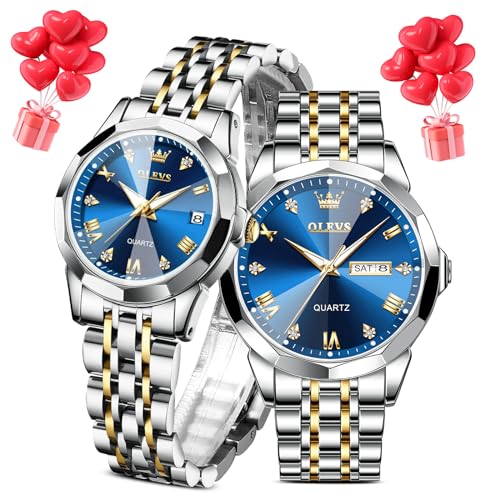 OLEVS Blue Face Couple Watches Men and Women, His and Hers Watches Set, 3ATM Waterproof Dress Quartz Stainless Steel Business Day Date Wrist Watch for Men Women