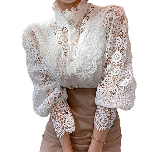 Women’s Elegant Lace Trim Shirts Casual Victorian Blouse Long Sleeve Button Down Tops(XL,White)