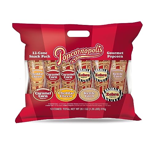 Popcornopolis Gourmet Popcorn Snacks, 12 Cone Variety Snack Packs (Gift Cone), Zebra Popcorn, Cheddar Cheese Popcorn, Caramel Popcorn & Kettle Corn Popcorn