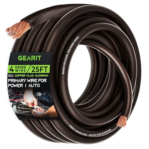 GearIT 4 Gauge Wire (25ft - Black Translucent) Copper Clad Aluminum CCA - Primary Automotive Wire Power/Ground, Battery Cable, Car Audio Speaker, RV Trailer, Amp, Electrical 4ga AWG 25 Feet