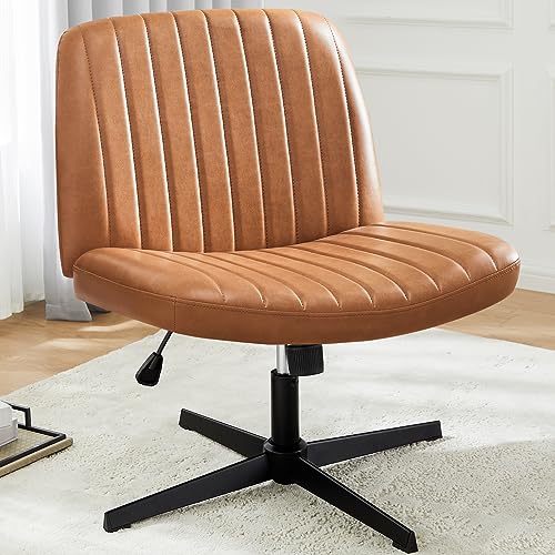 Cross Legged Office Chair, Armless Wide Desk Chair No Wheels, Modern Home Office Desk Chair Swivel Adjustable Leather Vanity Chair