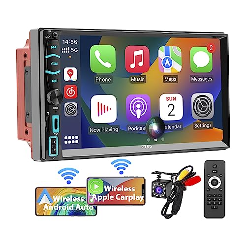 [Wireless] Double Din Car Stereo with Wireless Apple CarPlay and Android Auto, 7 Inch LCD Touchscreen RDS FM/AM Vehicle Radio with Type-C Phone Charge, Bluetooth, Mirror-Link, Waterproof Backup Camera