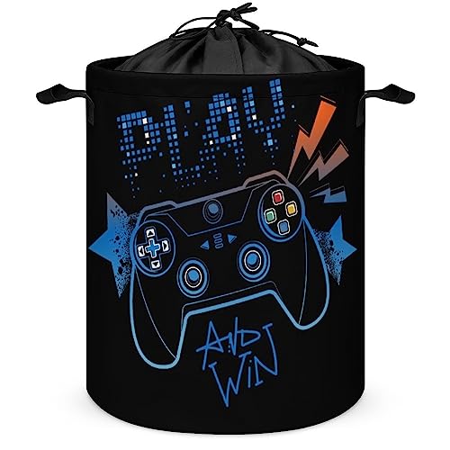 LynaRei Laundry Hamper Blue Game Joystick Fabric Storage Basket Round Collapsible Video Games Laundry Baskets with Drawstring Closure for Bedroom Living Room Bathroom