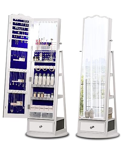 Full-length Mirror Jewelry Cabinet Standing with Lights - Ample Storage Drawer, 360° Rotating, Book Shelf, 3 Colors LED Lighting - Stand up Mirror with Jewelry Storage Armoire Box Organizer, White