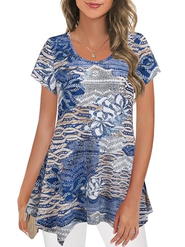 Nandashe Casual Shirts for Women, Summer Juniors Mock Neck Modern Hi Low Irregular Hem A Line Floral Tunic Basic Shirts Beach Wear Activewear Blue Beige Medium