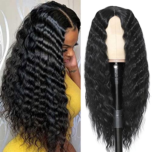 28 Inch Long Curly Synthetic Hair Wigs for Women Black Lace Front Wig Synthetic Curly Wigs Deep Wave Wig with 4' Simulated Scalp Natural Crimps Curls Hair Replacement Wigs for Daily Party Use 1B#