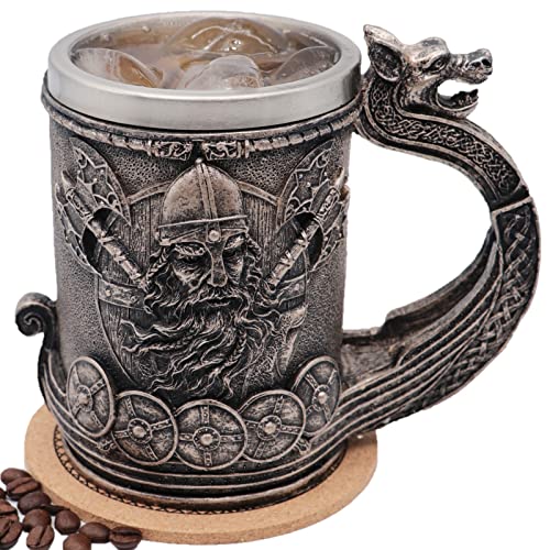 WOKHACH Medieval Viking Mug Beer Stein Tankard,Stainless Steel Drinking Tankard Mug Coffee Cup,Norse Mythology Poetic Gothic Decor Party Decoration Drinkware Gift for Men18OZ(Drakkar Warrior)