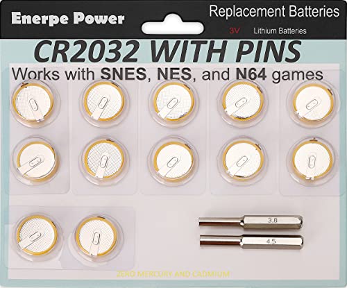 Enerpe CR2032 with Solder Pins 3V Replacement Battery for NES SNES N64 Save Game Cartridge 12-Pack