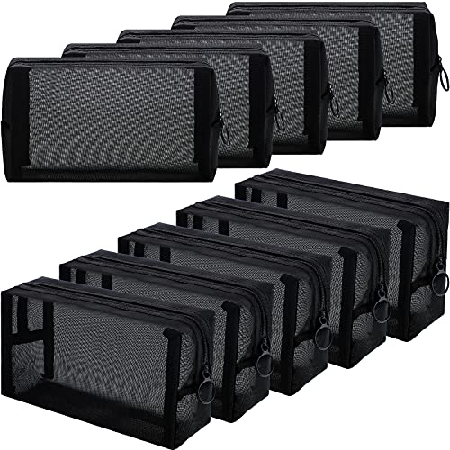 Frienda 10 Pieces Mesh Makeup Bag Portable Mesh Cosmetic Bag Black Mesh Zipper Pouch Breathable Travel Toiletry Bag for Home Offices Travel Accessories Organizer