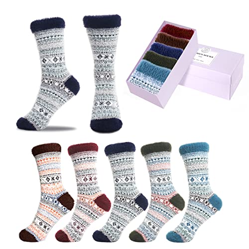 SISOSOCK 5 Pack Women Thick Soft Warm Fuzzy Socks Winter Wool Fluffy Cozy Socks Casual Home Sleep Socks with Gifts Box…