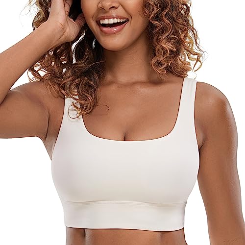 CRZ YOGA Butterluxe Womens U Back Sports Bra - Scoop Neck Padded Low Impact Yoga Bra Workout Crop Top with Built in Bra White Apricot Medium